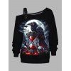 Sweat-shirt gothique d'Halloween à imprimé tête de mort, corbeau, chauve-souris, sangle à boucle, col incliné - Noir XXXXXL | US 20