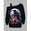 Sweat-shirt gothique d'Halloween à imprimé tête de mort, corbeau, chauve-souris, sangle à boucle, col incliné - Noir XXXXXL | US 20