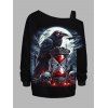 Sweat-shirt gothique d'Halloween à imprimé tête de mort, corbeau, chauve-souris, sangle à boucle, col incliné - Noir XXXXXL | US 20