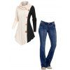 Women Outfit Colorblock Cable Knit Sweater and Topstitching Flare Jeans Set - café lumière S | US 4