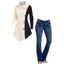Women Outfit Colorblock Cable Knit Sweater and Topstitching Flare Jeans Set - café lumière S | US 4
