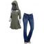 Women Outfit Plaid Knit Faux Twinset Hoodie Sweater and Topstitching Flare Jeans Set - Vert Armée S | US 4