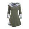 Women Outfit Plaid Knit Faux Twinset Hoodie Sweater and Topstitching Flare Jeans Set - Vert Armée S | US 4