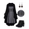 Women Outfit Long Hooded Knit Cape Mini Knit Dress Set Heart Earrings Boots Set - Gris S | US 4