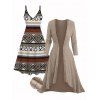Ensemble robe à imprimé géométrique ethnique et haut long texturé ouvert sur le devant - café lumière XXL | US 14