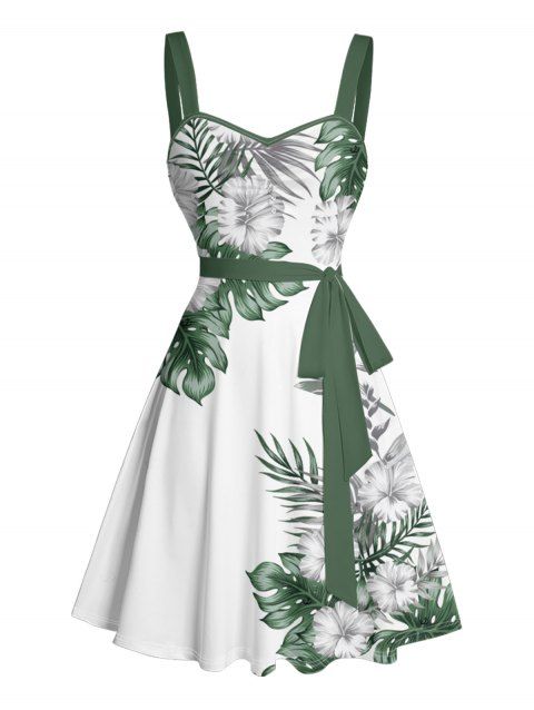 Robe de vacances à imprimé fleuri et feuilles, mini-robe froncée avec ceinture