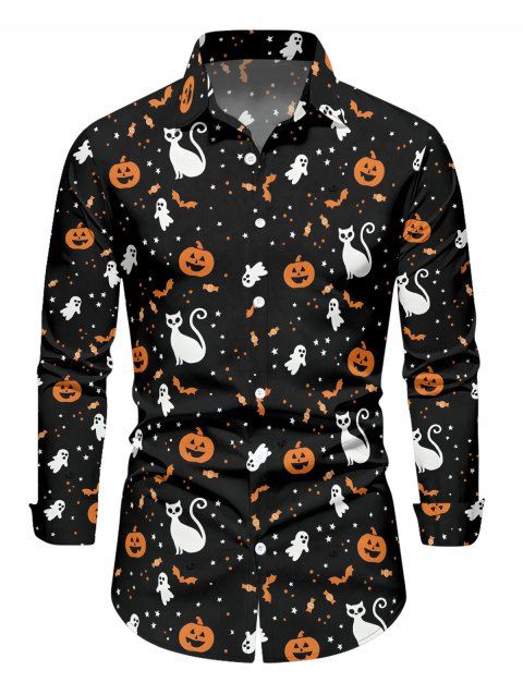T-shirt d'Halloween pour homme à manches longues avec imprimé citrouille, chat et chauve-souris