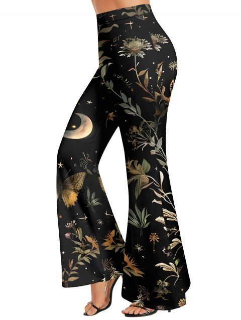 Pantalon évasé vintage imprimé papillon, fleur, feuille, lune, taille haute, élastique, long
