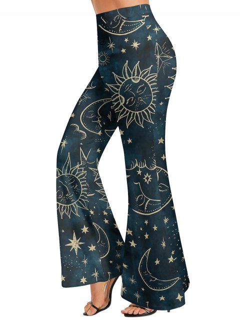 Pantalon évasé vintage imprimé soleil céleste, lune et étoiles, taille haute élastique, pantalon long