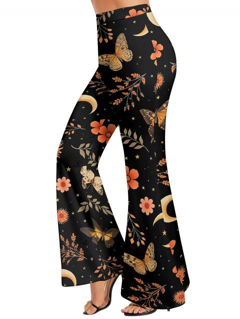 Pantalon évasé de vacances imprimé papillon floral et feuilles, pantalon long taille haute élastique