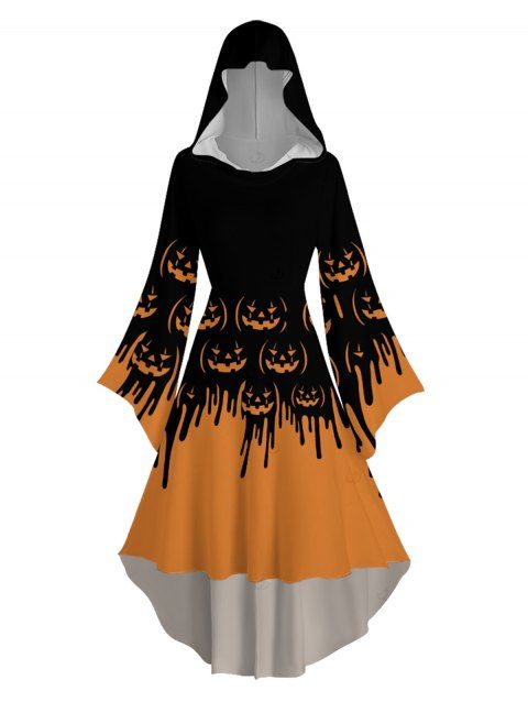 Robe à capuche gothique d'Halloween à imprimé citrouille color-block, robe haute et basse
