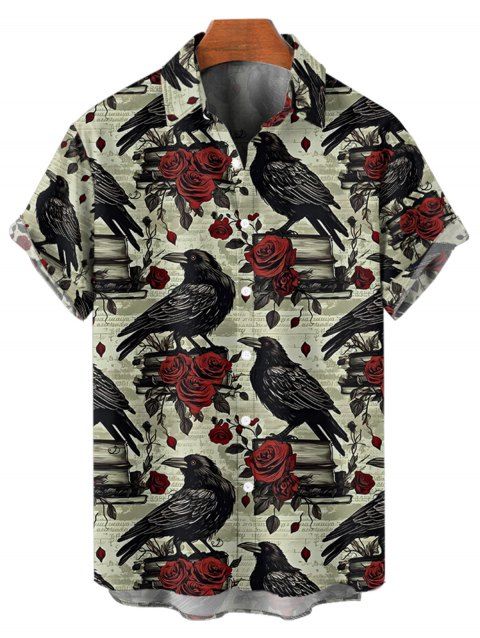 Chemise gothique pour homme pour Halloween, chemise boutonnée à imprimé corbeau et rose