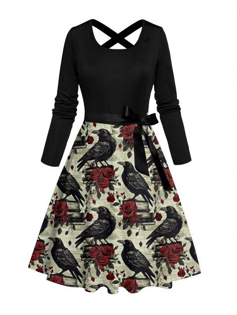 Robe gothique pour Halloween, robe croisée avec ceinture et imprimé corbeau et roses