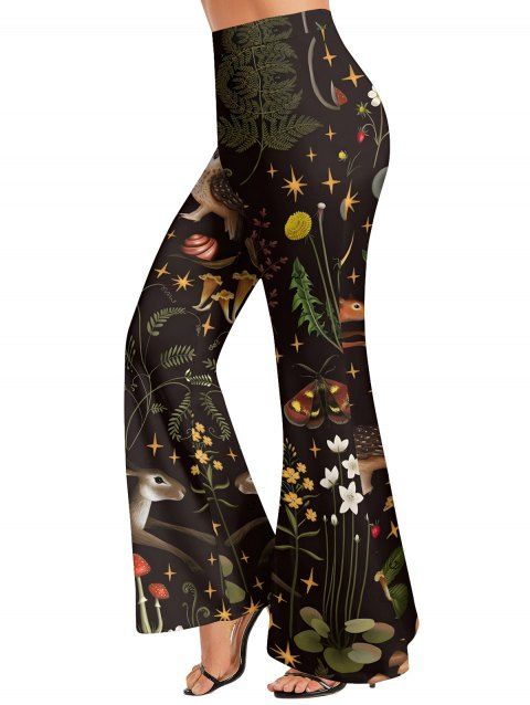 Pantalon évasé de vacances imprimé cerf, feuilles florales, forêt, taille haute, élastique, long