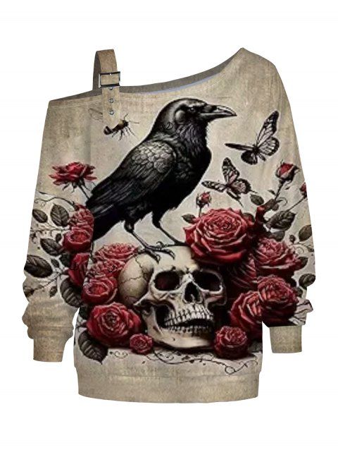 Sweat-shirt gothique à imprimé tête de mort, papillon, corbeau, sangle à boucle, col incliné