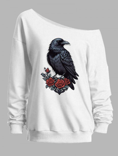 Sweat-shirt gothique pour Halloween, imprimé corbeau et rose, col incliné