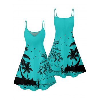 Vacation Dress Coconut Tree Seagull Print Spaghetti Strap Mini Dress