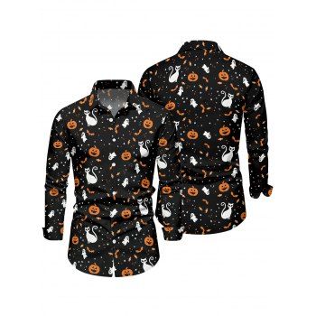 Halloween Couple Outfit Pumpkin Cat Bat Print High Low Hoodie Dress and Shirt Set