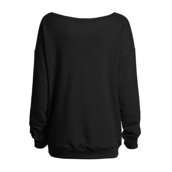 Slogan Print Sweatshirt Skew Neck Long Sleeve Sweatshirt