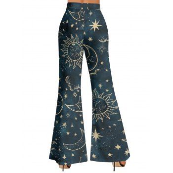 Vintage Flare Pants Celestial Sun Moon Star Print Elastic High Waist Long Pants