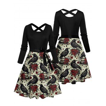 Gothic Dress for Halloween Raven Rose Print Crossover Belt Dress