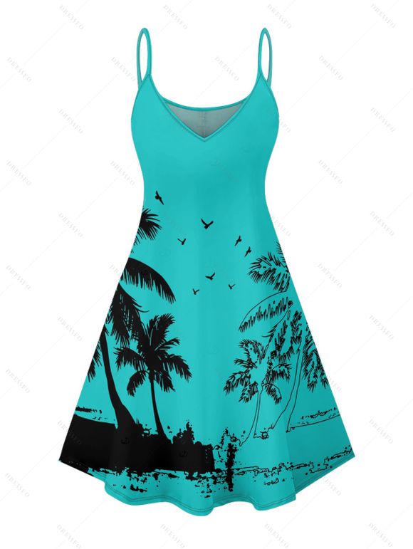 Robe de vacances Mini-robe à bretelles spaghetti à imprimé cocotier et mouette - Noir XXXXXL | US 20