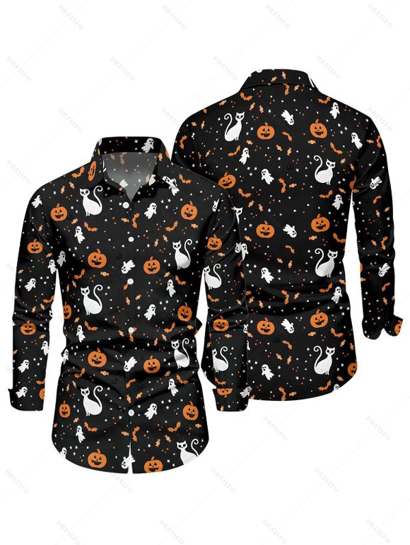T-shirt d'Halloween pour homme à manches longues avec imprimé citrouille, chat et chauve-souris - Noir 5XL