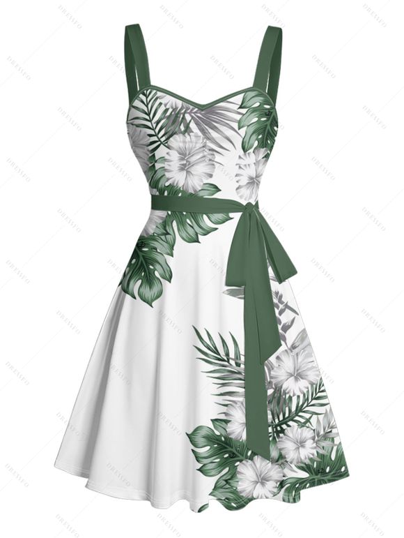 Robe de vacances à imprimé fleuri et feuilles, mini-robe froncée avec ceinture - Vert XXXXXL | US 20