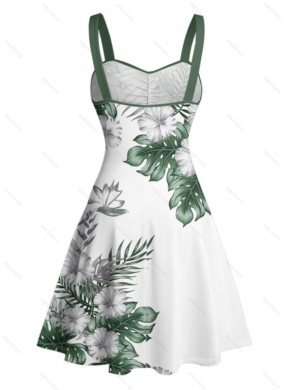 Robe de vacances à imprimé fleuri et feuilles, mini-robe froncée avec ceinture - Vert XXXXXL | US 20