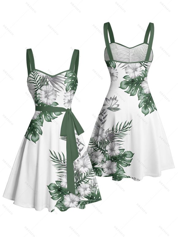 Robe de vacances à imprimé fleuri et feuilles, mini-robe froncée avec ceinture - Vert XXXXXL | US 20