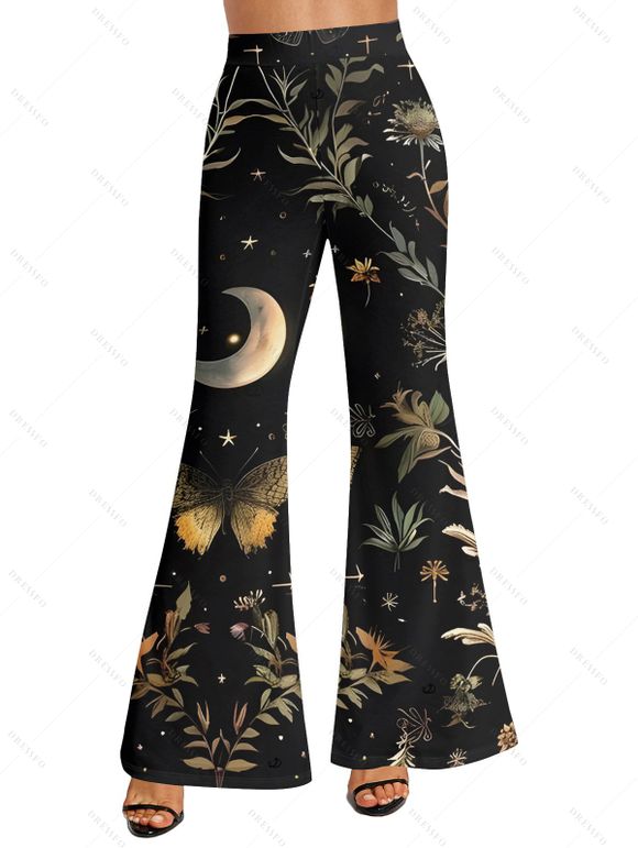 Pantalon évasé vintage imprimé papillon, fleur, feuille, lune, taille haute, élastique, long - Noir XXL | US 14