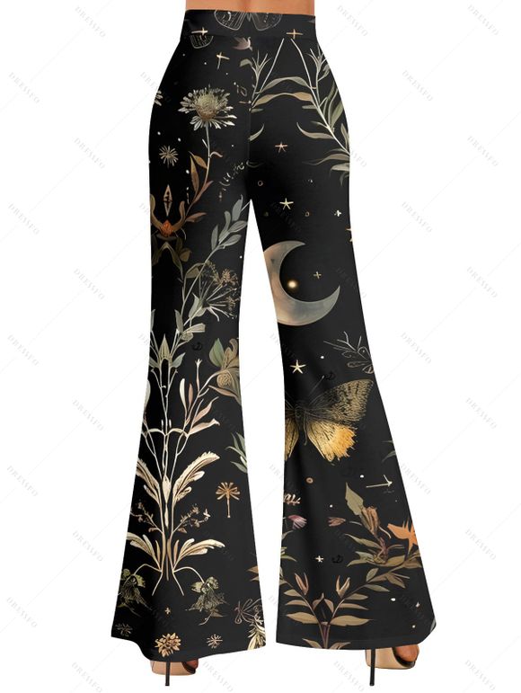 Pantalon évasé vintage imprimé papillon, fleur, feuille, lune, taille haute, élastique, long - Noir XXL | US 14