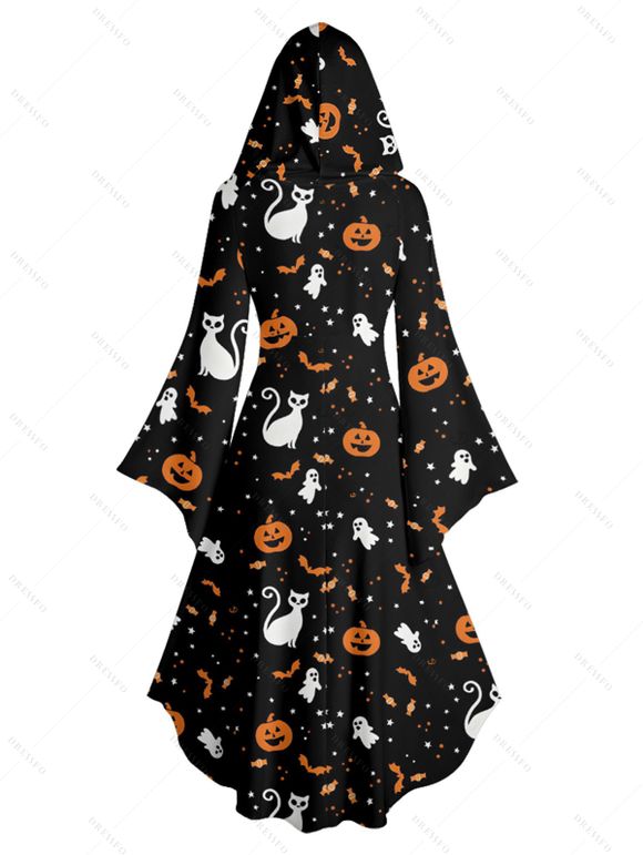 Robe à capuche d'Halloween à imprimé citrouille, chat, chauve-souris, robe à capuche haute et basse - Noir XXL | US 14