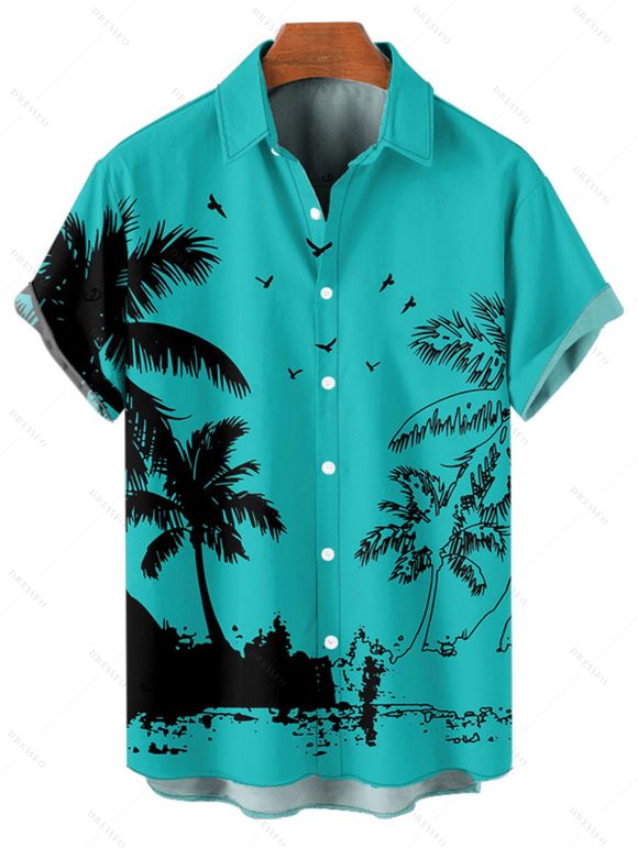 Chemise de vacances pour homme, boutonnée, imprimé cocotier et mouette - Turquoise 5XL