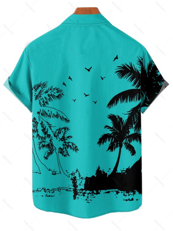 Chemise de vacances pour homme, boutonnée, imprimé cocotier et mouette - Turquoise 5XL