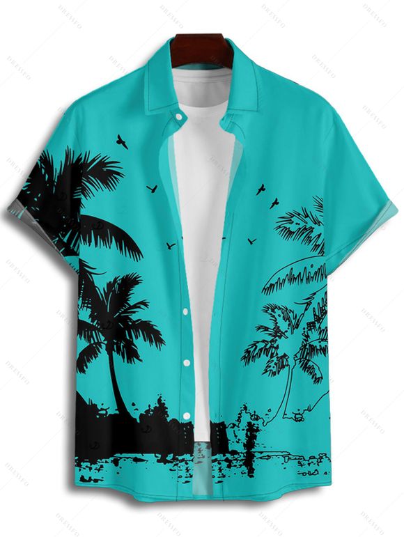 Chemise de vacances pour homme, boutonnée, imprimé cocotier et mouette - Turquoise 5XL