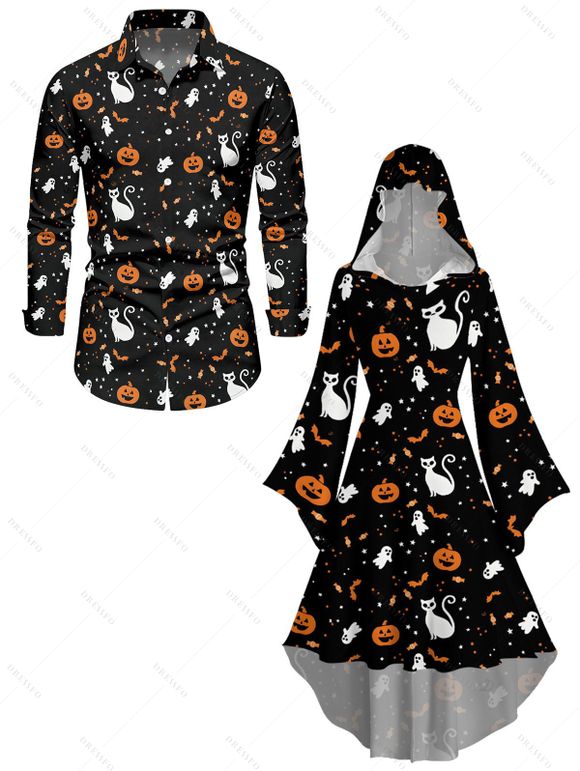 Halloween Couple Outfit Pumpkin Cat Bat Print High Low Hoodie Dress and Shirt Set - Noir S | US 4