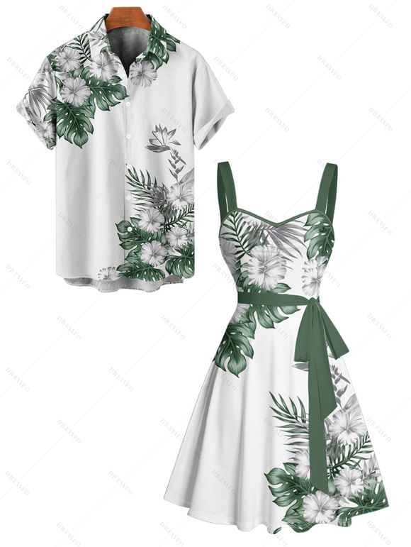 Vacation Couple Outfit Flower Leaf Print Belt Dress and Shirt Set - Vert S | US 4