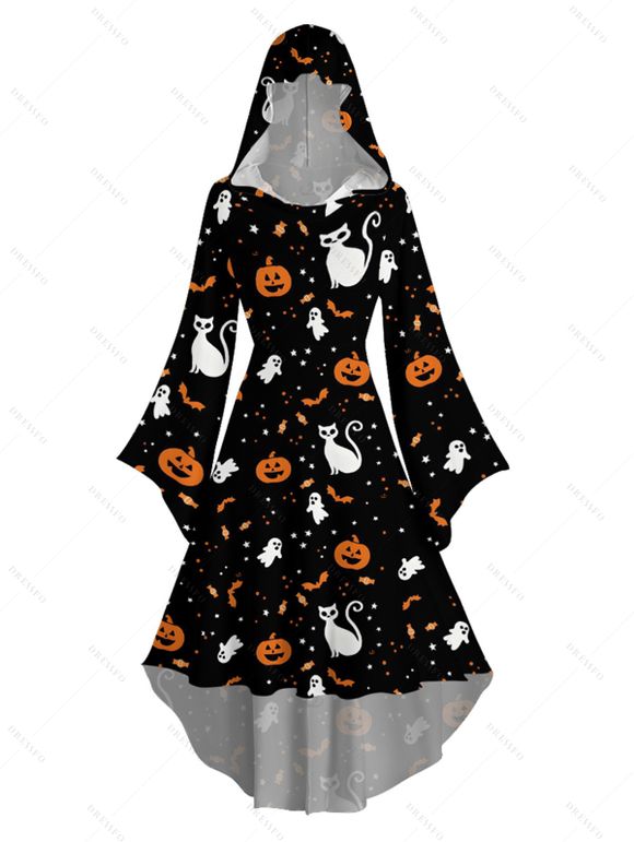 Halloween Couple Outfit Pumpkin Cat Bat Print High Low Hoodie Dress and Shirt Set - Noir S | US 4