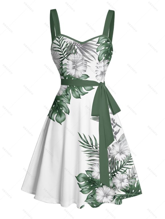 Vacation Couple Outfit Flower Leaf Print Belt Dress and Shirt Set - Vert S | US 4