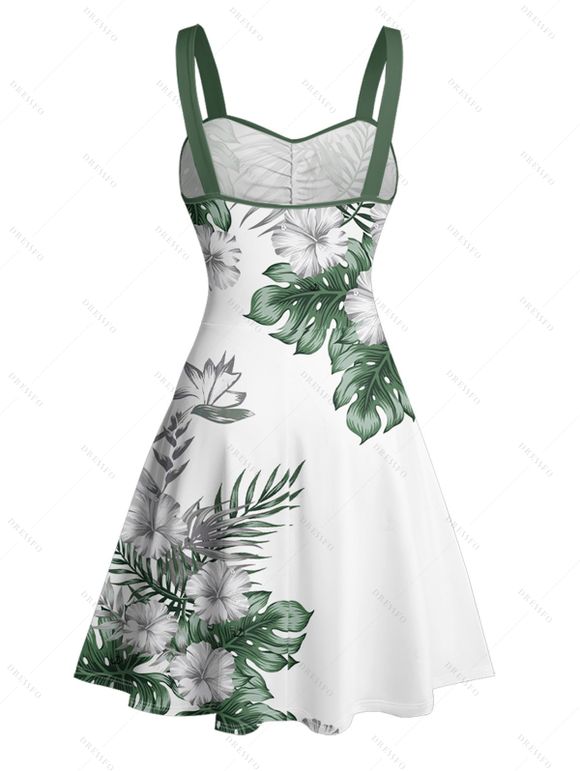 Vacation Couple Outfit Flower Leaf Print Belt Dress and Shirt Set - Vert S | US 4