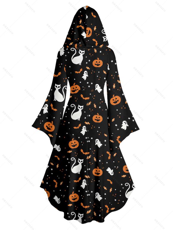 Halloween Couple Outfit Pumpkin Cat Bat Print High Low Hoodie Dress and Shirt Set - Noir S | US 4