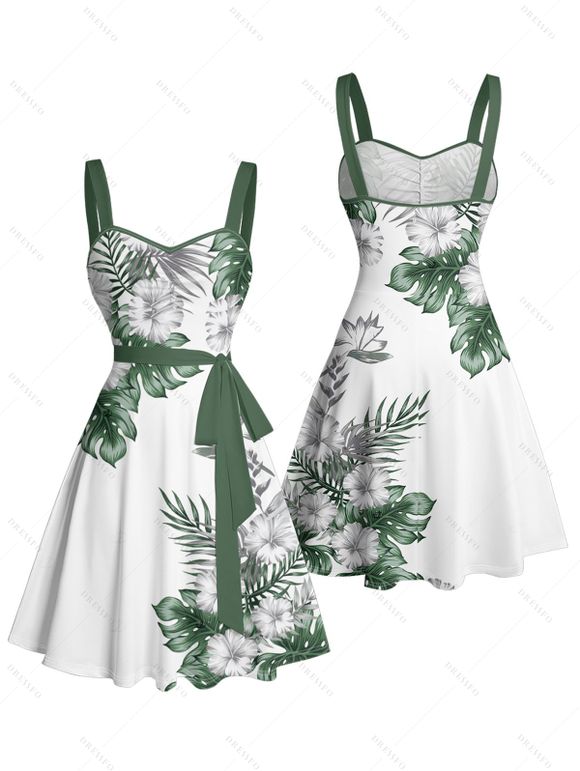 Vacation Couple Outfit Flower Leaf Print Belt Dress and Shirt Set - Vert S | US 4