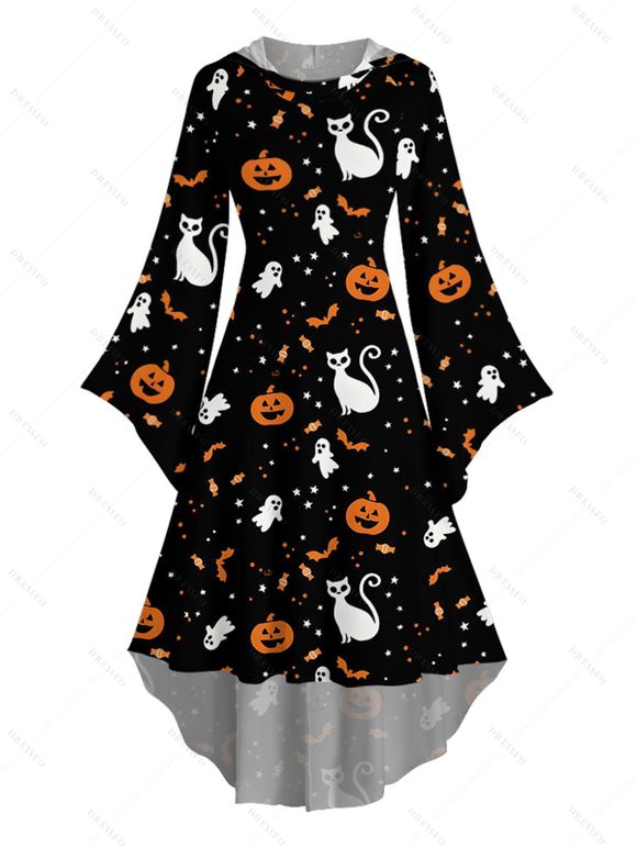 Halloween Couple Outfit Pumpkin Cat Bat Print High Low Hoodie Dress and Shirt Set - Noir S | US 4