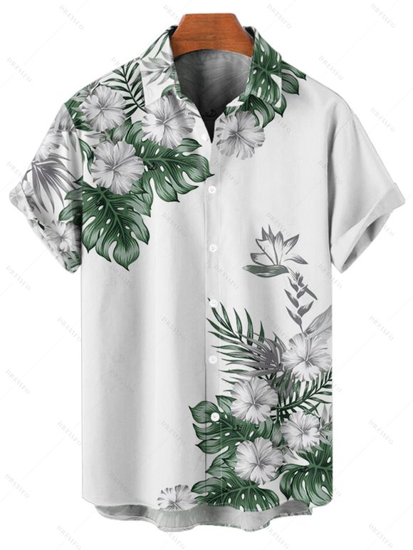 Vacation Couple Outfit Flower Leaf Print Belt Dress and Shirt Set - Vert S | US 4