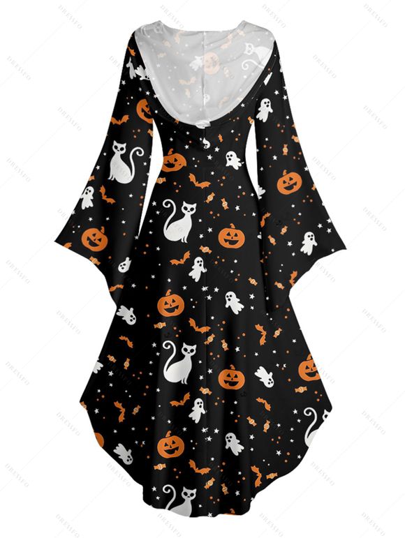 Halloween Couple Outfit Pumpkin Cat Bat Print High Low Hoodie Dress and Shirt Set - Noir S | US 4