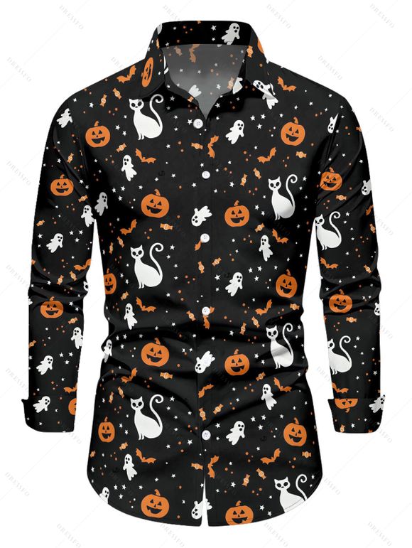 Halloween Couple Outfit Pumpkin Cat Bat Print High Low Hoodie Dress and Shirt Set - Noir S | US 4