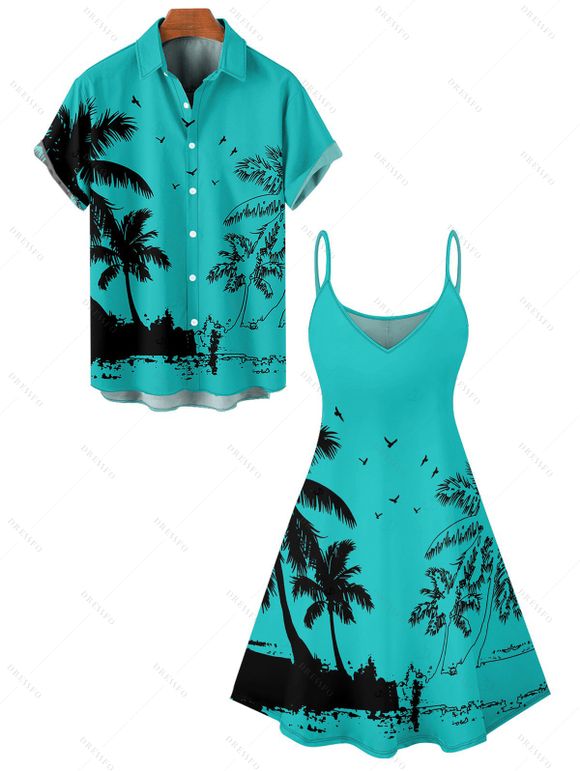 Vacation Couple Outfit Coconut Tree Seagull Print Dress and Shirt Set - Turquoise S | US 4