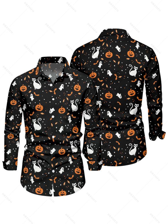 Halloween Couple Outfit Pumpkin Cat Bat Print High Low Hoodie Dress and Shirt Set - Noir S | US 4