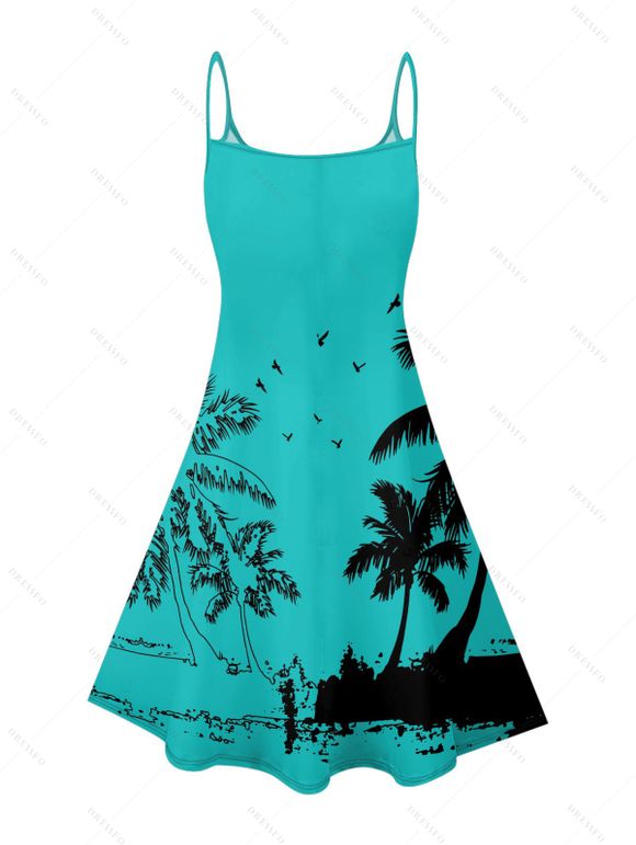 Vacation Couple Outfit Coconut Tree Seagull Print Dress and Shirt Set - Turquoise S | US 4
